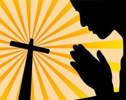 praying before the cross on an orange background vector