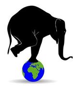 Black silhouette of an elephant standing on globe on a white background vector