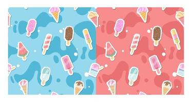 Ice Cream juicy summer seamless pattern, red and blue background. Cartoon Ice cream stickers colorful background. vector