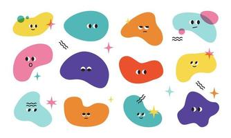 Big Set of Various bright Blobs with face emotions of different shapes. Hand drawn trendy Vector illustration for kids. Cute funny blotches characters. Isolated background.