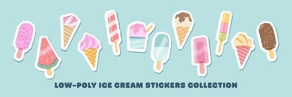 Juicy Ice Cream Stickers Collection. Set of Summer Ice-Cream Icons Made In Low Poly Overprint Technique. Vector Food Designs
