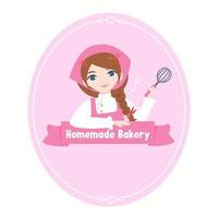 pretty gril chef logo.homemade bakery concept. flat design vector illustion for logo bakery design.cute Braid hair chef.Wearing pink arpon and chef uniform.pink badge and frame.