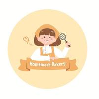 Cute girl chef logo.homemade bakery concept.flat design vector illustion for logo bakery and label design.logo elements. Wearing arpon and chef uniform.
