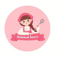 Cute Chef in pink uniform. homemade bakery concept.flat design vector illustion for logo bakery design.logo elements.Braid hair chef.Wearing arpon and chef uniform.sweet dessert label.