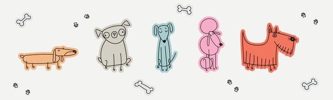Set of drawing pets in linear style cute pastel colors. Dog breeds. Vector illustration for kids, veterinary.