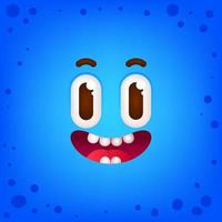 Funny cartoon face. Blue monster smiley face illustration. Cute funny emotions with big eyes vector