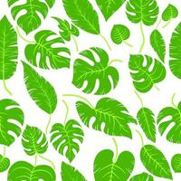 Hand drawn simple leaf brunch monstera and palm leaves. Seamless vector cartoon green tropic leaves jungle plant pattern in layers with shadows. Wallpaper, wrapping, and background.