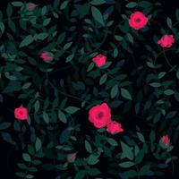 Dark green with red flowers seamless vector pattern roses climbing vine plant overlay with leaves and blooming . Floral background design in layers