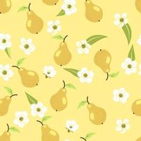 Seamless cute summer autumn pear pattern with fruits, leaves, white flowers on yellow pastel background. Vector illustration cover, wallpaper texture, wrapping backdrop, vintage packaging.
