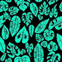 hojas tropicales cian vectoriales sin costuras patrón de plantas de la selva hojas exóticas tropicales vintage de diferentes tipos. plantas de la selva hibisco, monstera y hojas de palma. fondo botánico grunge negro. vector