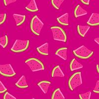 patrón de vector transparente de verano con rodajas de sandía sobre fondo rosa. frutas exóticas dibujadas a mano en lindo adorno para textiles, papel de regalo o impresión.