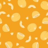 Melon whole and slice seamless pattern on orange background with seed. Fresh yellow honey melon pattern background. Fruit vector illustration.