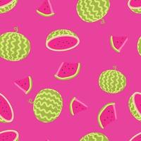 Watermelon whole and slice seamless pattern on pink background with seed. Fresh green watermelon pattern background. Fruit vector illustration.