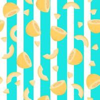 Seamless pattern with blue stripes honeydew melons. Whole, half, sliced fruit. Hand drawn vector illustration for wrapping paper, decorative fabric, print, wallpaper, shop, menu, market, restaurant.