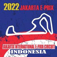 jakarta, 16 de mayo de 2022. circuito internacional e-prix de jakarta. fórmula de circuito en indonesia. con una longitud de vía de 2,4 km. diseño, logotipo, ilustrador, folleto, pancarta vector