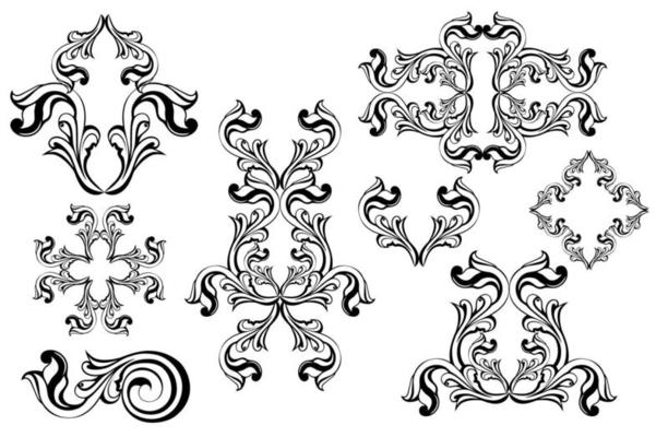 Vector damask vintage baroque scroll ornament swirl. Victorian monogram heraldic shield swirl.Retro floral leaf pattern border foliage antique  acanthus calligraphy engraved tattoo. Tile decor element