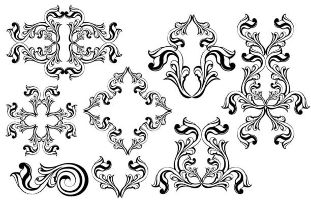 Vector damask vintage baroque scroll ornament swirl. Victorian monogram heraldic shield swirl.Retro floral leaf pattern border foliage antique  acanthus calligraphy engraved tattoo. Tile decor element