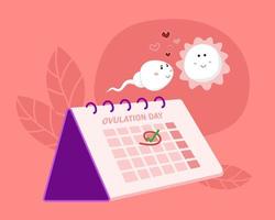 concepto de ovulación. marca a mano la fecha de ovulación en el calendario con el personaje de dibujos animados de espermatozoides y óvulos. ilustración vectorial