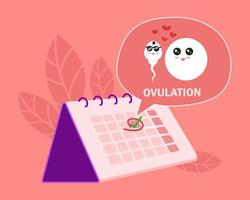 concepto de ovulación. marca a mano la fecha de ovulación en el calendario con el personaje de dibujos animados de espermatozoides y óvulos. ilustración vectorial