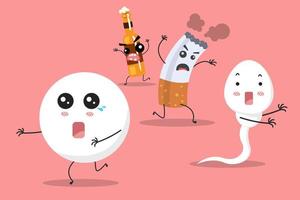 Sperm and egg run away from alcohol and  cigarette cartoon character. Aviod alcohol and  cigarette to be healthy sperm and egg concept. vector illustration.