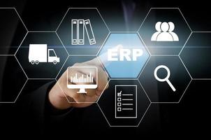 Enterprise Resource Planning ERP Planning to manage the organization to be able to use resources efficiently and for maximum benefit. management concept icons on virtual screen. photo