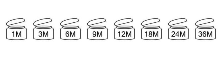 Open jar icon for labeling cosmetics. Set of linear black illustrations indicating the date of use for product. vector