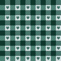 Seamless green Vichy check pattern with hearts. vector