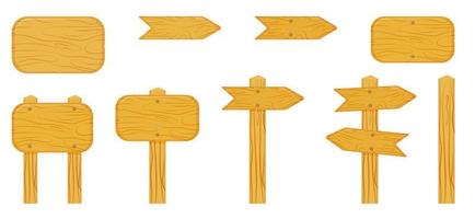 Wooden empty signboards with arrows pointing the way. Set of vector cartoon sign boards with blank space for text.