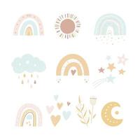 conjunto de elementos para el diseño infantil en estilo boho incluye arco iris, sol, luna, estrellas, corazones, nubes, plantas. ilustraciones para baby shower, tarjeta, afiche vector