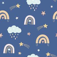 Seamless pattern with cute boho style elements - rainbows, clouds and stars. Simple design for childrens cloth, textile