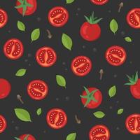 Seamless pattern with tomatoes, basil leaves and spices. Bright elements on dark background. vector