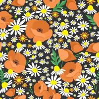 Seamless pattern with poppy and camomile flowers on dark background. Bright design with wildflowers rof fabric, textile, wrapping paper. vector