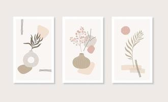 Botanical, vases and abstract shapes wall art set in boho style. Minimalist elements for poster, postcard, wallpaper, cover. Natural colors. vector