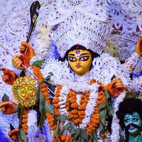 Goddess Durga with traditional look in close up view at a South Kolkata Durga Puja, Durga Puja Idol, A biggest Hindu Navratri festival in India photo