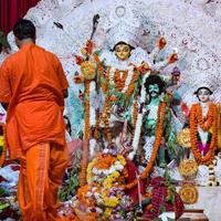 Goddess Durga with traditional look in close up view at a South Kolkata Durga Puja, Durga Puja Idol, A biggest Hindu Navratri festival in India photo