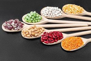 Set lentils, chickpeas, peas and beans of different colors in wooden spoons on black background photo