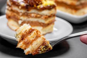 Biscuit cake with boiled condensed milk with fork photo