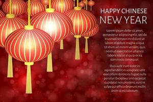 ilustración de vector de año nuevo chino con linternas tradicionales sobre fondo de bokeh rojo oscuro. plantilla de diseño fácil de editar para sus proyectos. se puede utilizar como tarjetas de felicitación, pancartas, invitaciones, etc.