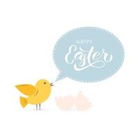 cartel de tipografía de celebración de pascua con lindo pollo nacido de un huevo y letras felices pascuas. vacaciones de primavera. Plantilla vectorial fácil de editar para invitación de fiesta, tarjeta de felicitación, banner. vector