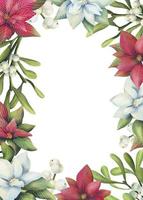 Watercolor Christmas plants frame. Hand drawn mistletoe and poinsettia botanical frame isolated on white background. vector