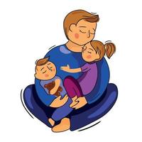 Happy loving father with children vector cartoon illustration isolated on white.Good parenting and upbringing.Care,trust and support between parents and children.Dad holding son and daughter