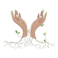 Open hands.Vector illustration of female hands with leaves, branches and roots of trees, isolated on white background on white background.Design element for Beauty industry and Eco concept