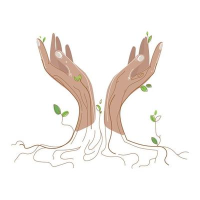 Open hands.Vector illustration of female hands with leaves, branches and roots of trees, isolated on white background on white background.Design element for Beauty industry and Eco concept
