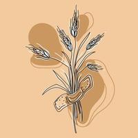 Spikelets of wheat with plaster Line Art drawing on a beige background with abstract shapes and spots modern vector illustration.Great design for different purposes.Pastel colors and organic shapes