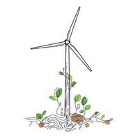 Wind turbine line icon vector illustration isolated on white.Alternative renewable power generation, green energy concept.Wind turbine with tree branches growing from the ground Abstract art