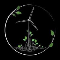 Abstract wind turbine logo for web design background.Eco energy.Environmental technology.Modern sustainable development.Wind turbine with tree roots and leaves on a black.Green energy concept.Vector