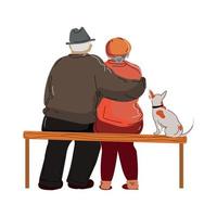 Elderly couple on bench with dog for lifestyle vector illustration isolated on white background. Aged man and woman,old people walking in the park together, cartoon characters. elderly couple