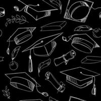 gorro de graduación y desplazamiento de diploma como telón de fondo sin costuras. patrón de símbolo de celebración de educación superior. boceto de gorras académicas sobre fondo negro, patrón sin costuras. ilustración vectorial de contorno vector