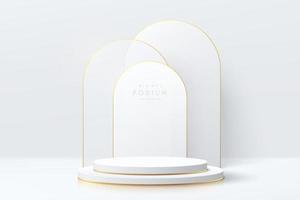 Realistic white and gold cylinder pedestal podium with geometric arch shape scene. Vector abstract room with 3D geometric forms. Luxury minimal scene for mockup products showcase, Promotion display.