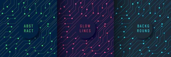 Set of abstract futuristic technology background curved glowing light lines and dots connect with copy space. Simple and minimal blue, green, red and blue in flat circuit lines pattern vector design.